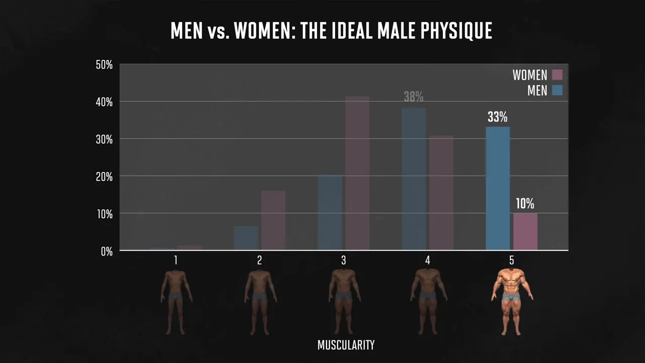 Chart comparing women's preferred male muscularity with men's desired muscularity across five levels
