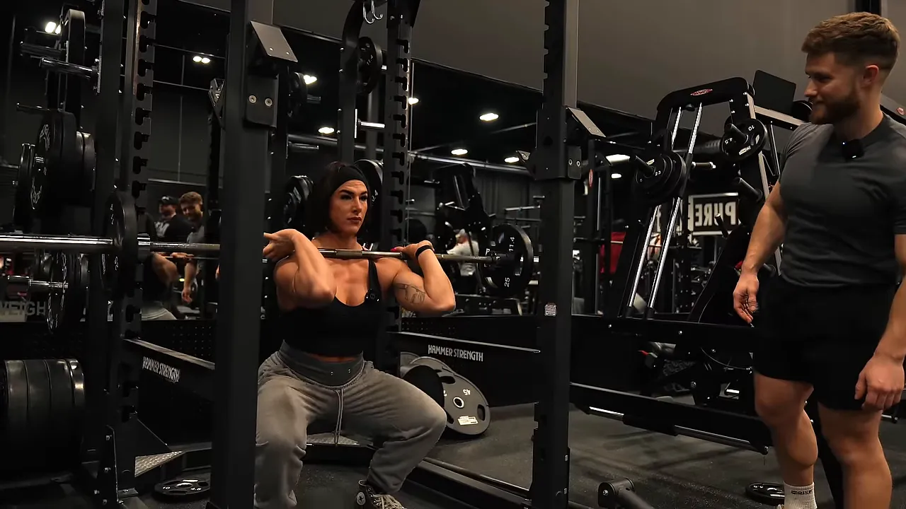 Manon performs a deep front squat inside a rack with Jeff standing beside her