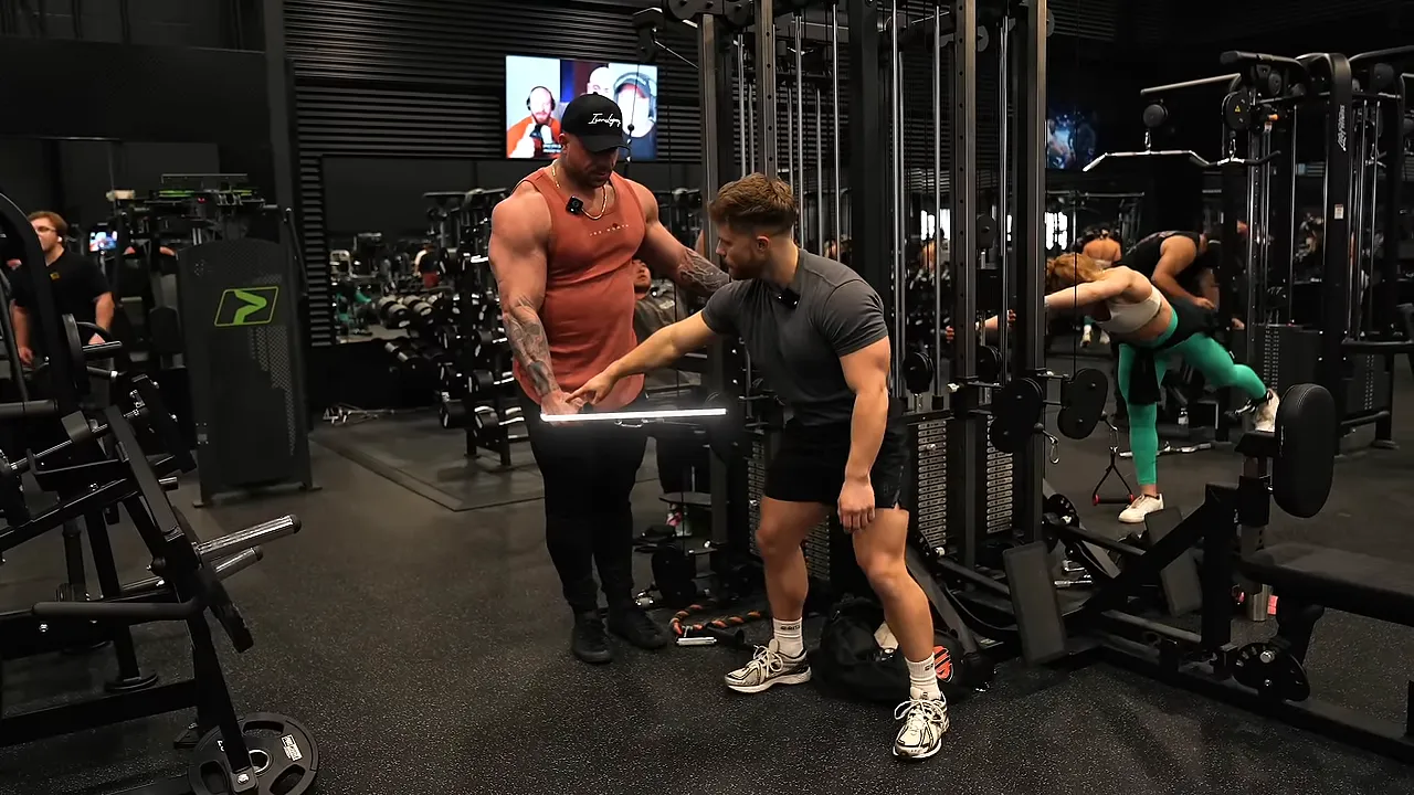 A white right-angle graphic marks the arm and cable position during a lateral raise demonstration