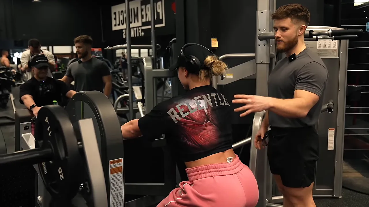 Valérie reaches forward on a plate-loaded row while Jeff stands beside the machine