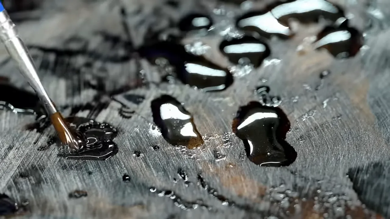 Small pools of black epoxy filling numerous pits in the sanded tabletop