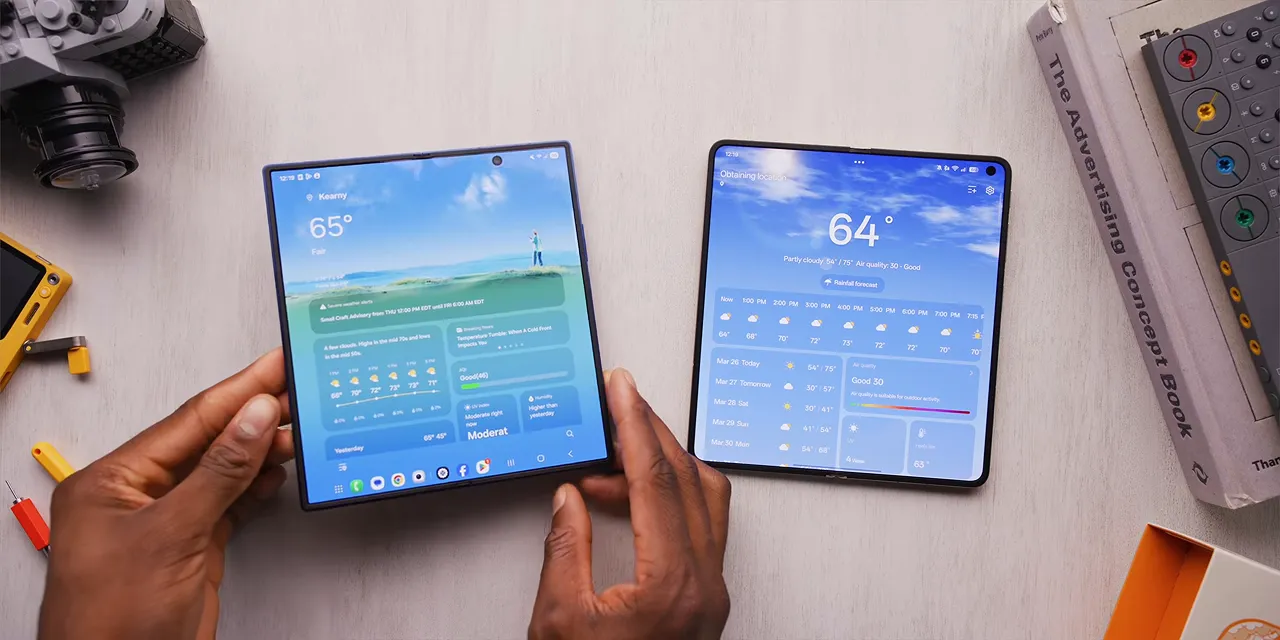 Samsung Galaxy Z Fold7 and Oppo Find N6 open side by side with weather apps displayed