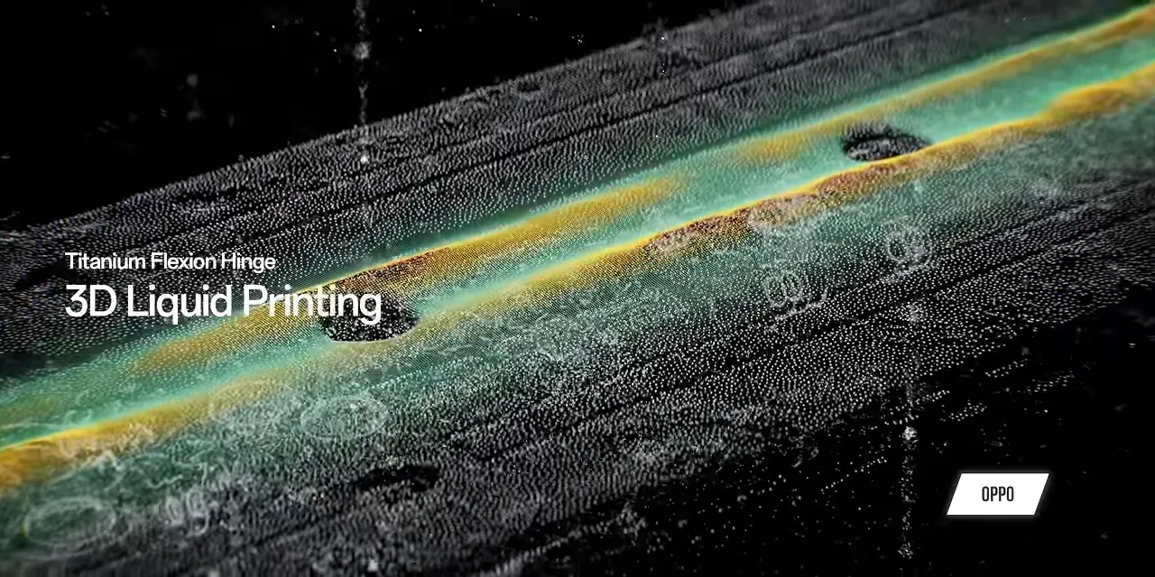 Oppo animation of a hinge surface with the label 3D Liquid Printing