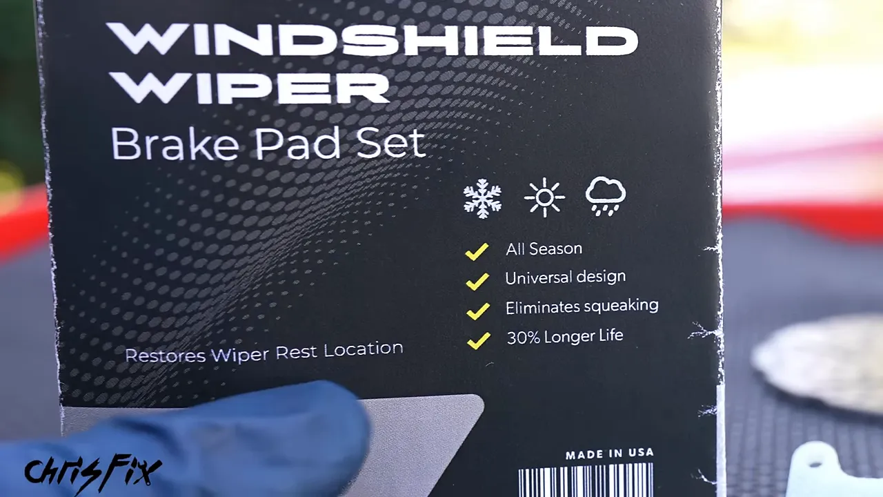 Box labeled Windshield Wiper Brake Pad Set with feature claims and an NRS logo