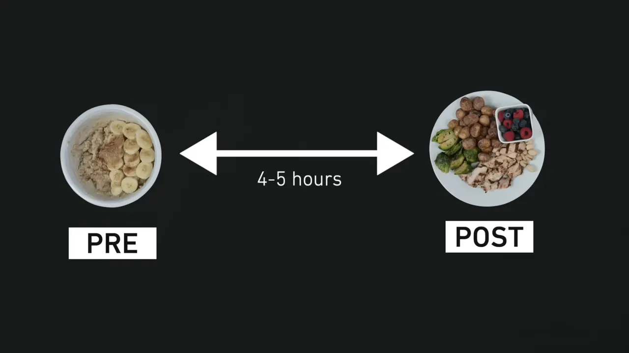 Pre-workout and post-workout meals connected by an arrow labeled 4 to 5 hours