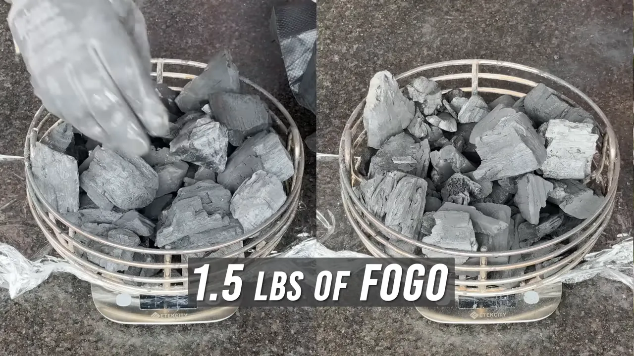 Two charcoal baskets filled with lump charcoal and text reading 1.5 pounds of FOGO