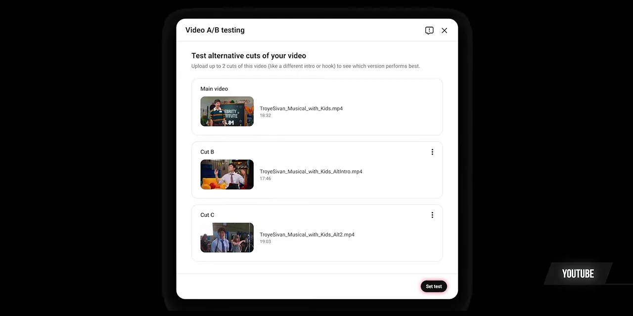Video A/B testing upload dialog with three video cut slots