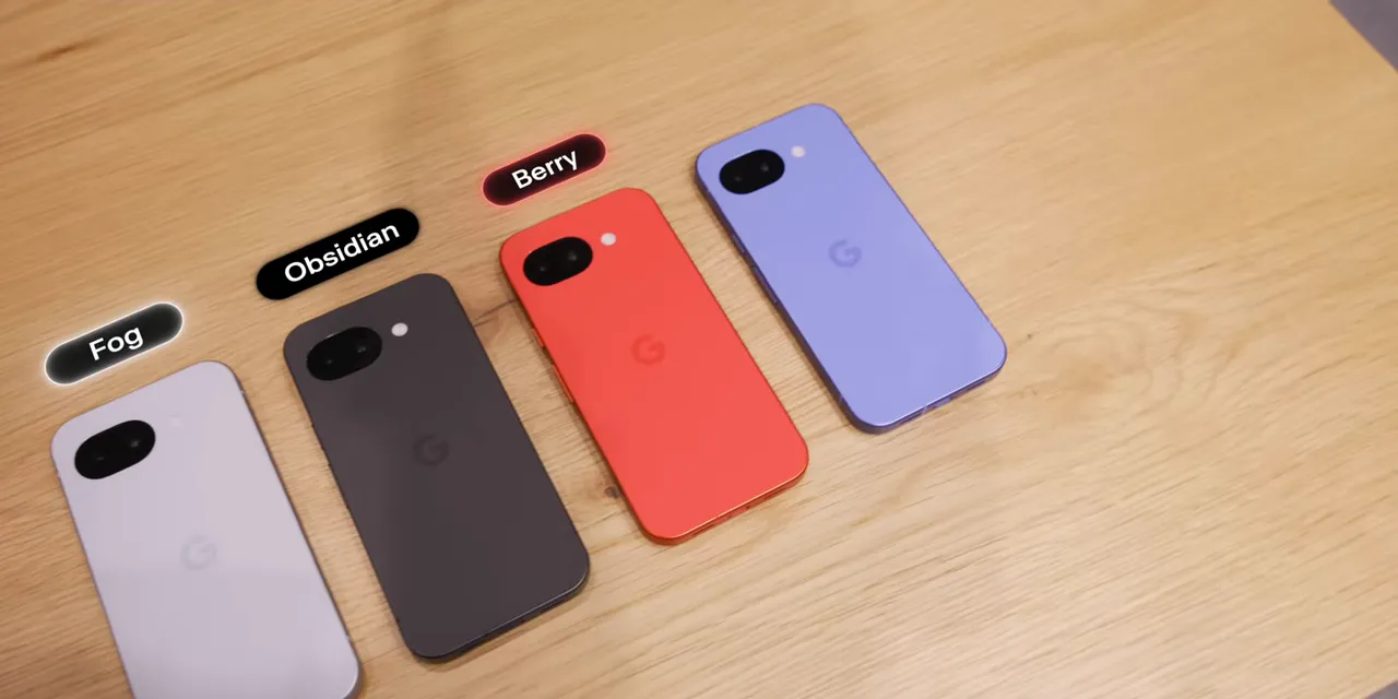 Four Pixel phones on a wooden surface labeled Fog, Obsidian, Berry, and Lavender