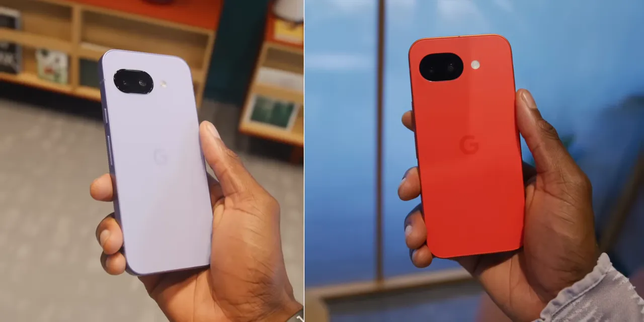 Side-by-side rear views of a light-colored Pixel and a red Pixel held in hands