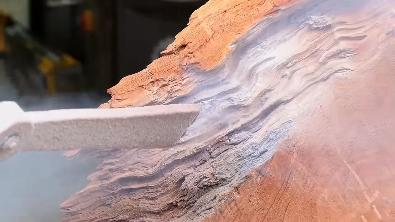 Dry ice blasting nozzle directed at the layered edge of the redwood slab