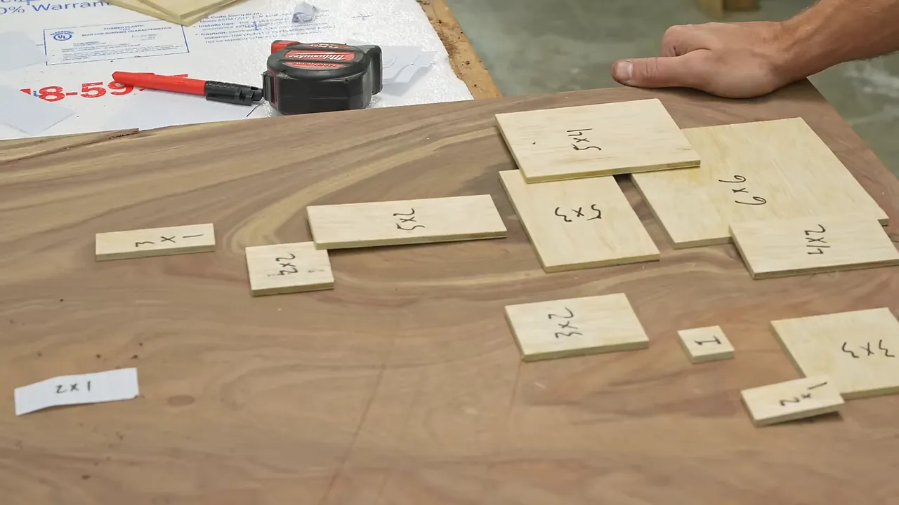 Plywood squares and rectangles with handwritten dimensions arranged on a walnut slab