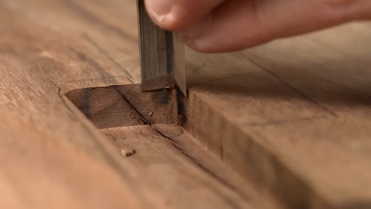 Corner chisel cleaning an inside corner of a rectangular recess in walnut