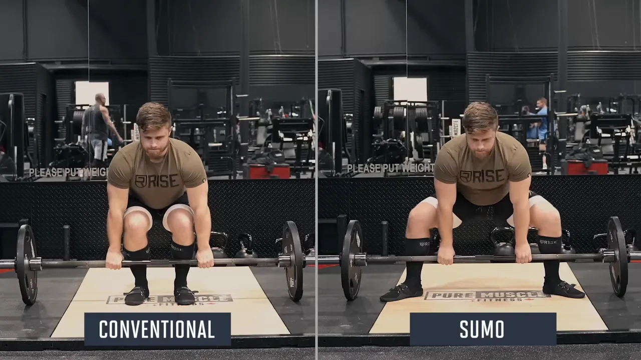 Side-by-side conventional and sumo deadlift setups with stance labels