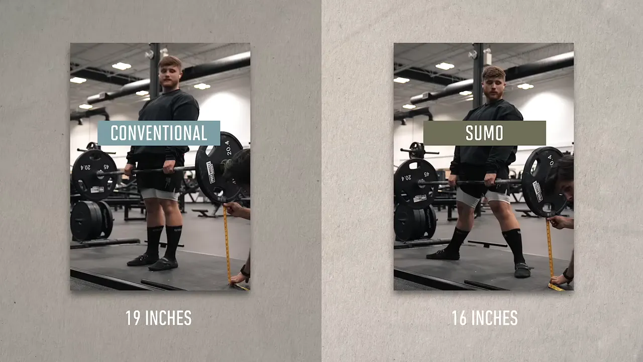 Conventional and sumo deadlift comparison labeled 19 inches and 16 inches