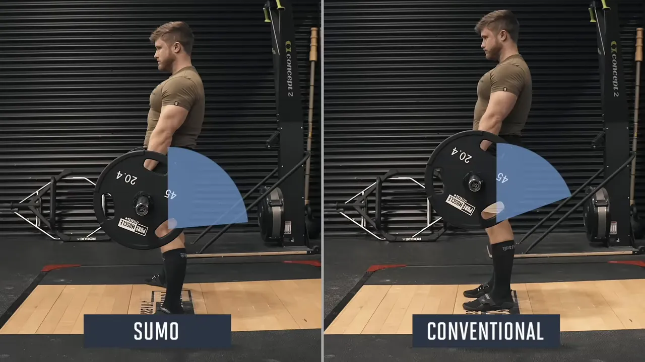 Side-by-side sumo and conventional deadlifts with blue knee-angle range overlays