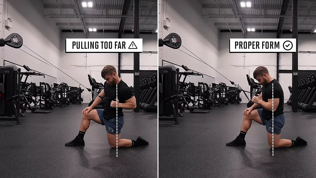 Side-by-side half-kneeling pulldown demonstrations labeled pulling too far and proper form
