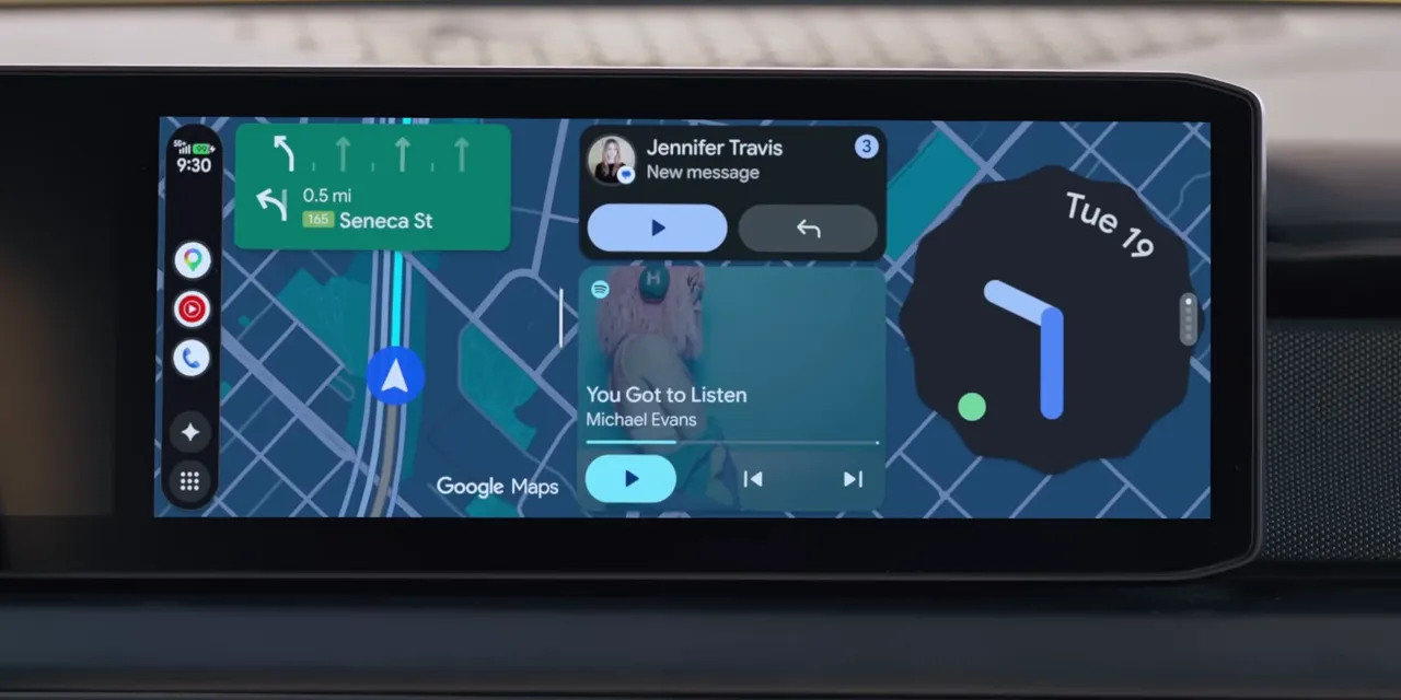 Android Auto dashboard with Google Maps, media controls, and a large clock widget