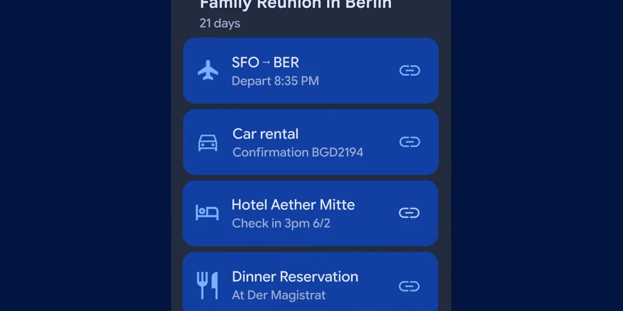 Blue travel widget listing a Berlin trip, flight, car rental, hotel, and dinner reservation