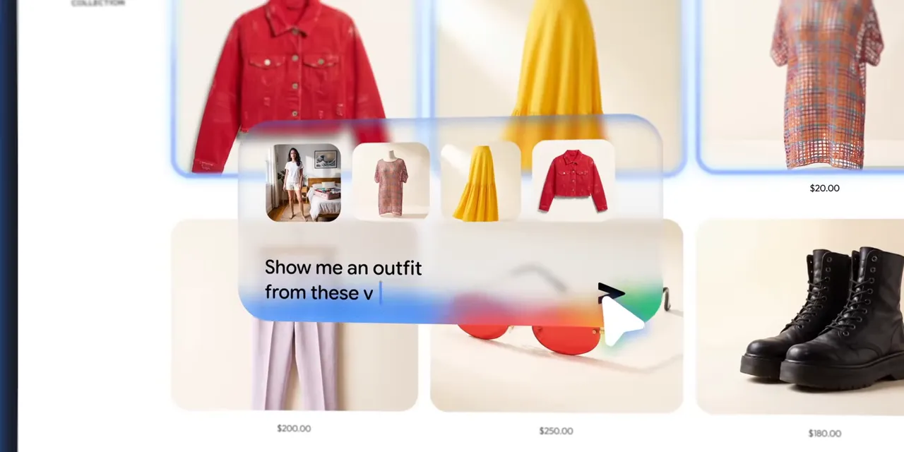 Shopping page with selected clothing images and a Gemini prompt to show an outfit