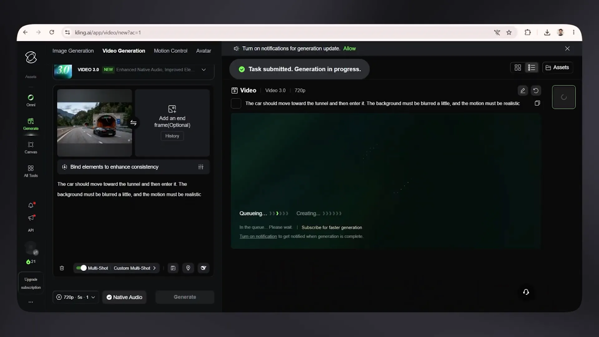 Dark AI video generation interface with a prompt panel and generated video workspace