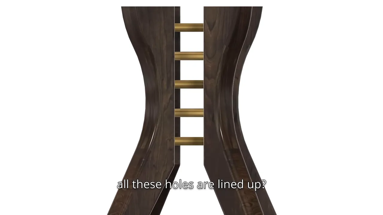 Rendering of curved dark wood table legs with brass crosspieces between them