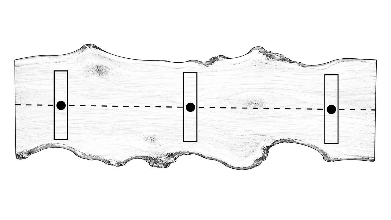 Diagram of a live-edge tabletop with three base locations and a dotted centerline
