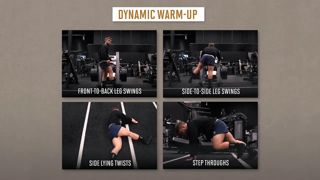 Four-panel dynamic warm-up showing leg swings, side lying twists, and hip rotations