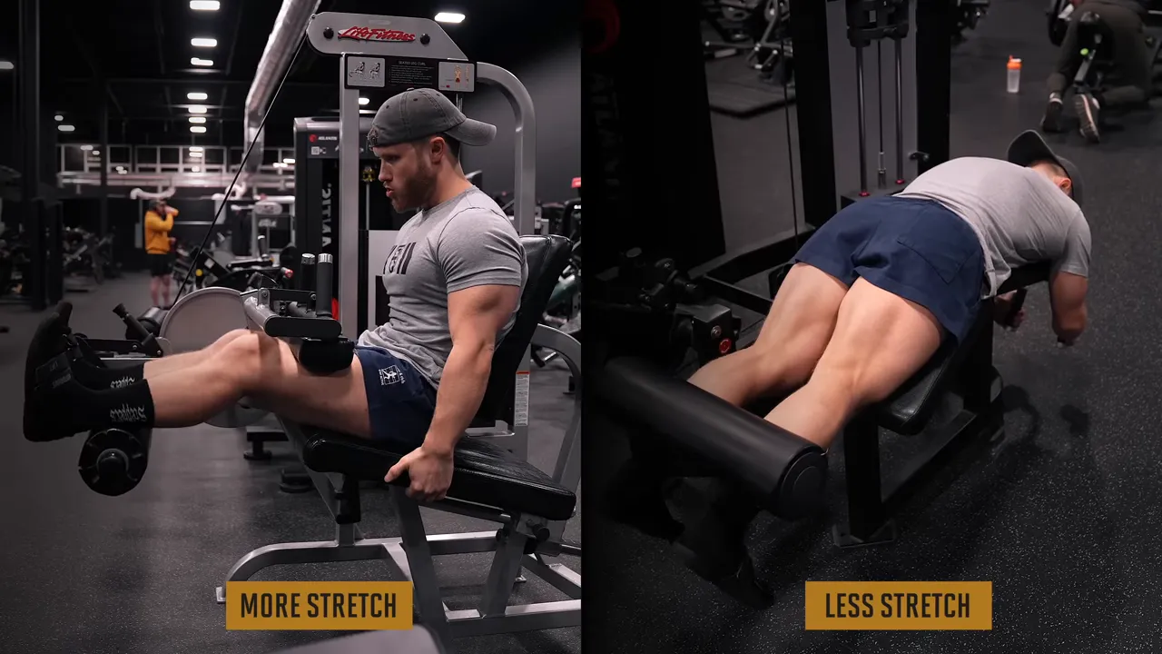 Side-by-side comparison of seated and lying leg curls labeled more stretch and less stretch