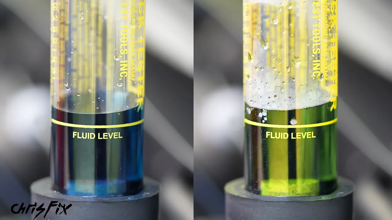 Side-by-side combustion leak testers containing blue fluid and yellow-green fluid