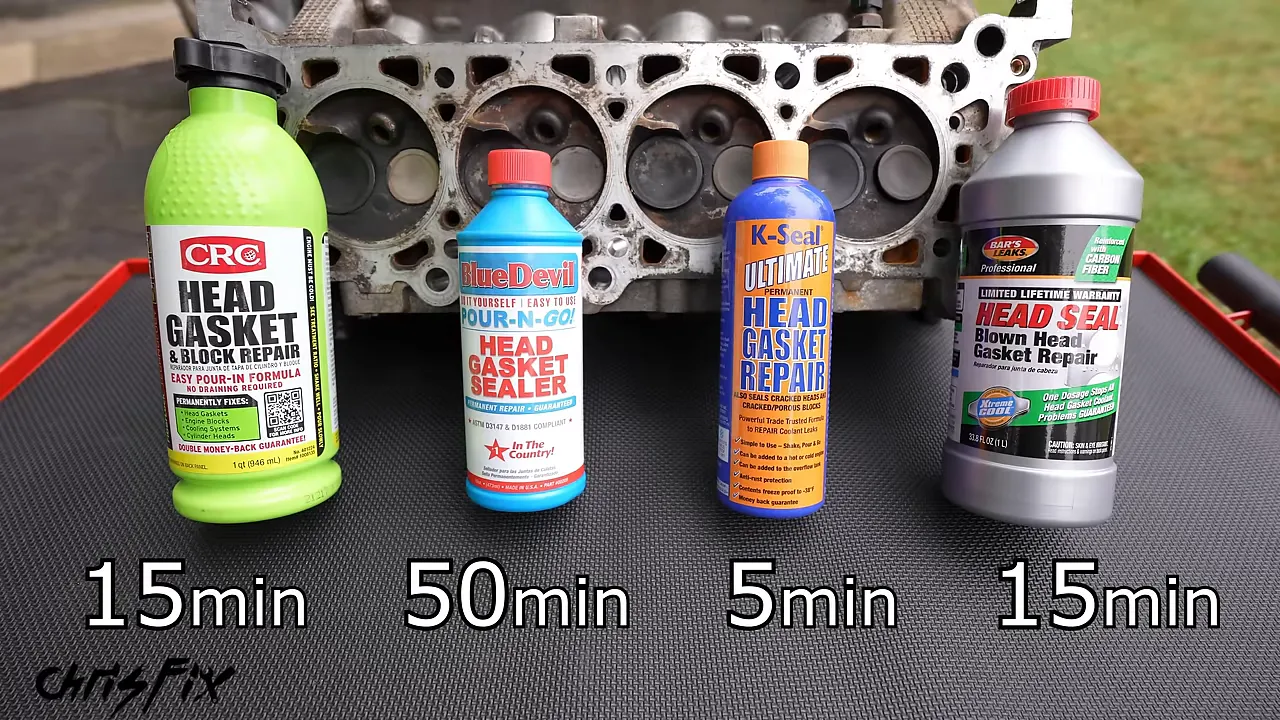 Four head gasket sealer bottles with application times displayed beneath them