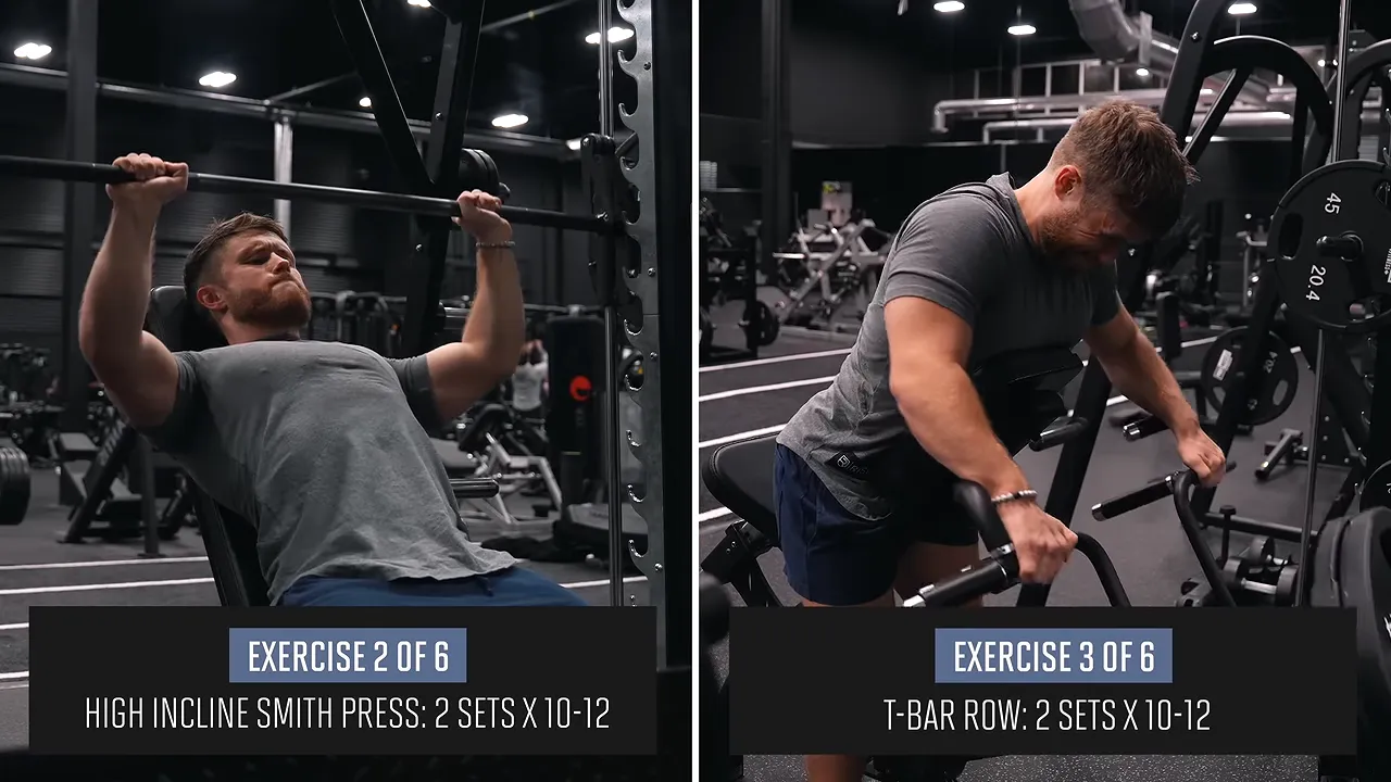 Split-screen demonstration of a high incline Smith machine press and T-bar row, each labeled two sets of 10 to 12 reps