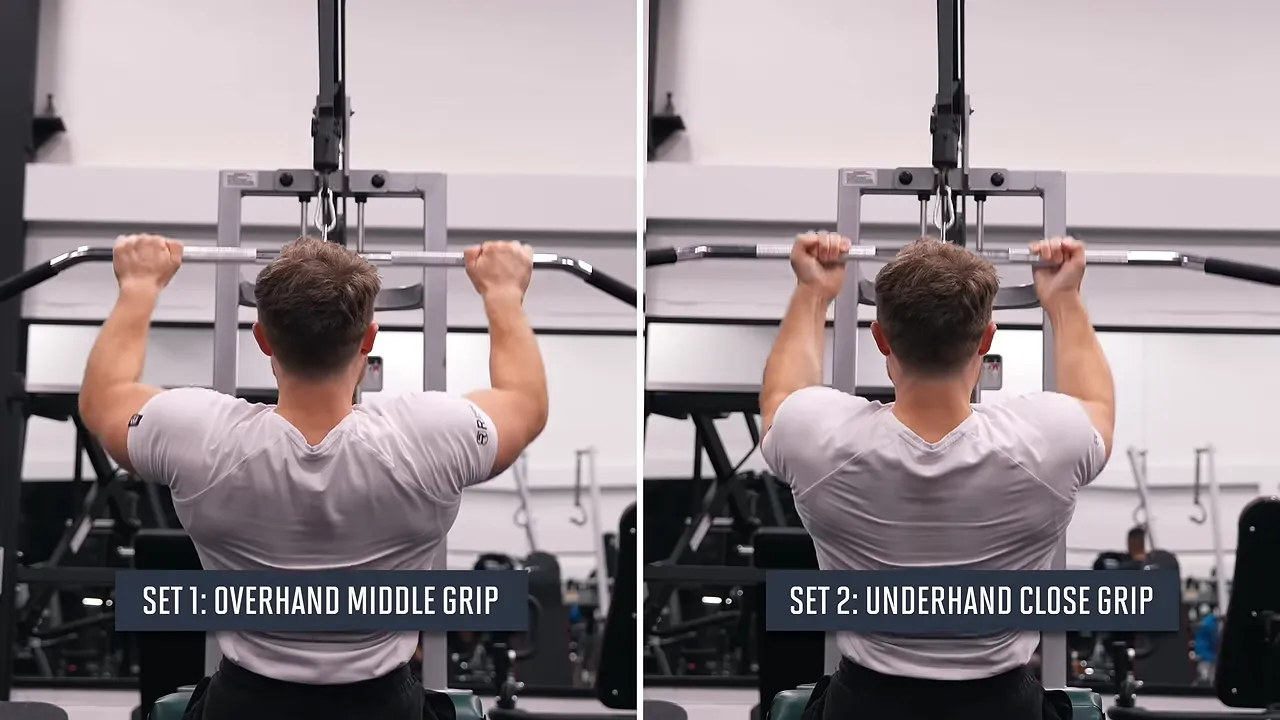 Side-by-side rear views of lat pulldowns labeled overhand middle grip and underhand close grip
