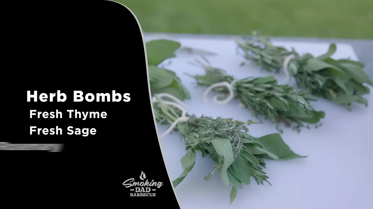 Tied fresh herb bundles beside an ingredient list naming thyme, sage, and rosemary