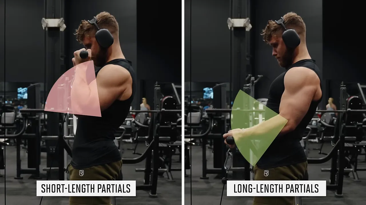 Side-by-side cable curls with colored arcs labeling short-length and long-length partials