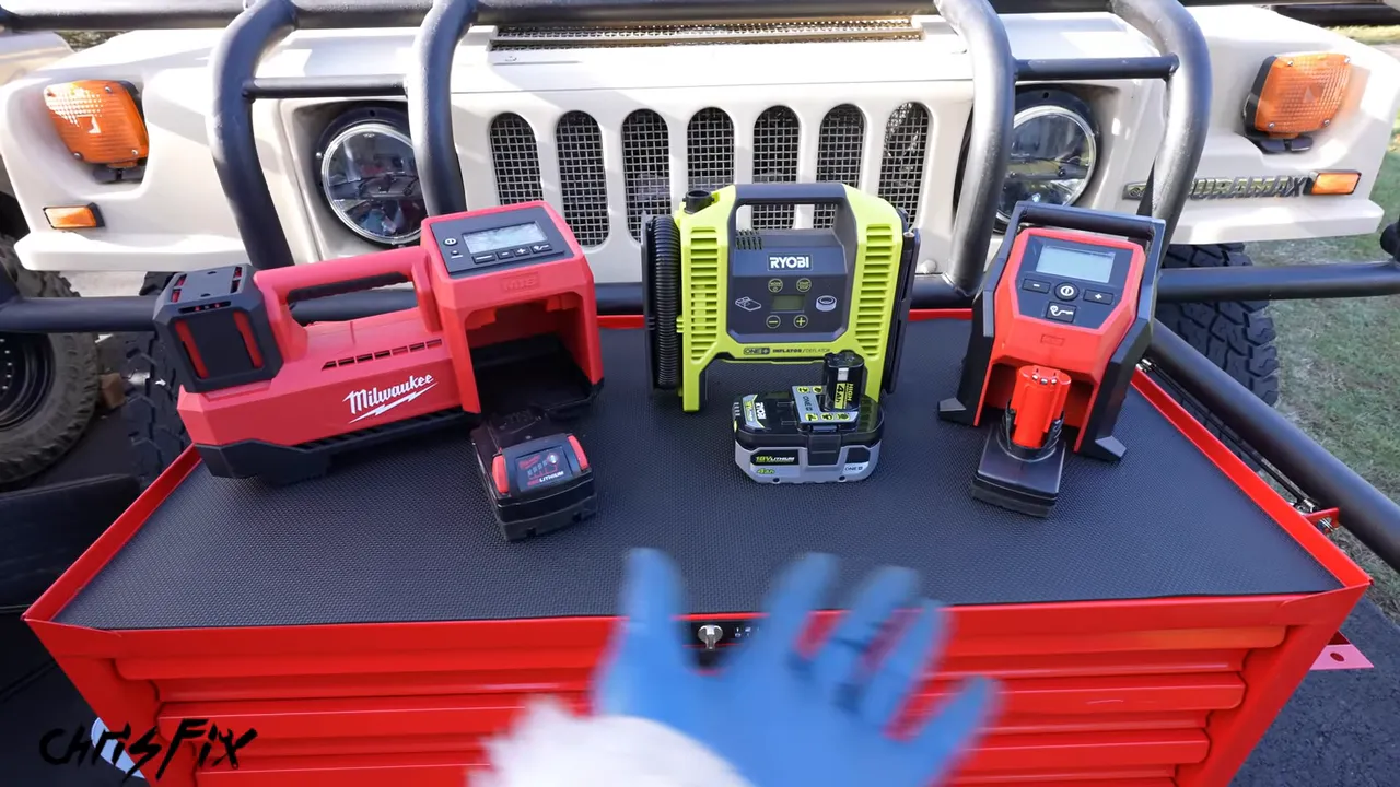 Milwaukee M18, Ryobi 18V, and Milwaukee M12 cordless inflators on a tool cart