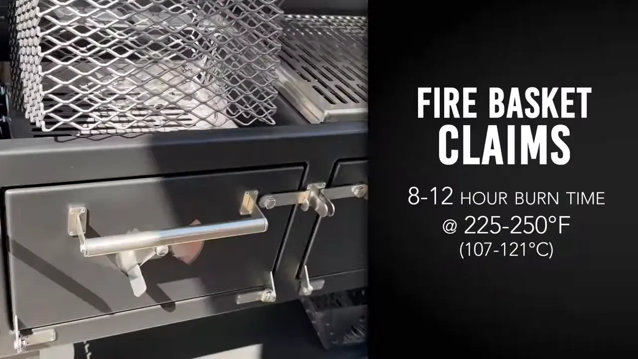 Mesh charcoal basket beside text claiming an 8 to 12 hour burn at 225 to 250 degrees Fahrenheit
