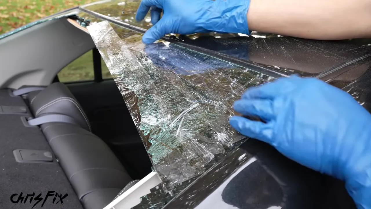 Packing tape covering shattered glass along the edge of the rear window opening