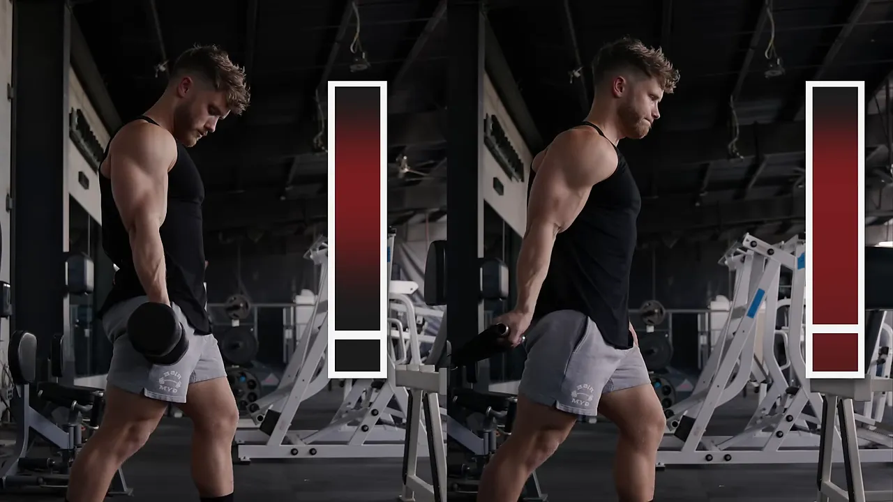 Side-by-side dumbbell and face-away cable curl demonstrations with vertical red tension indicators