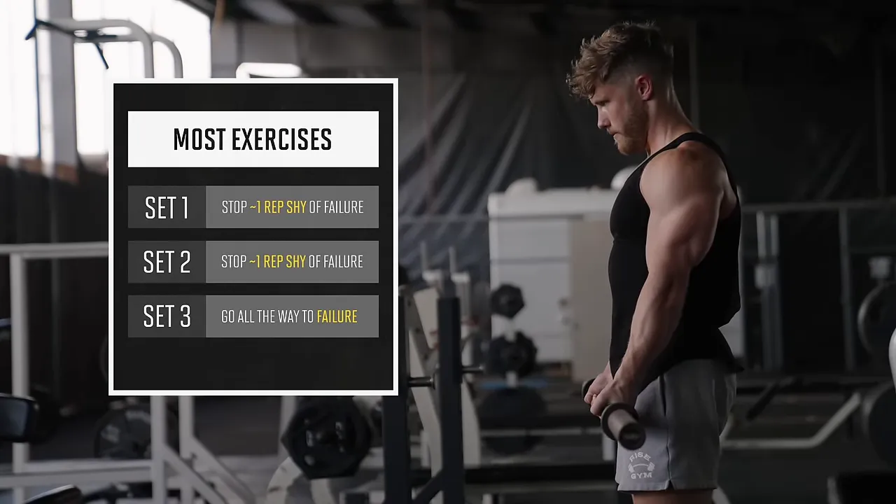 Lifter holding dumbbells beside a graphic showing one to two reps shy of failure on early sets and failure on set three