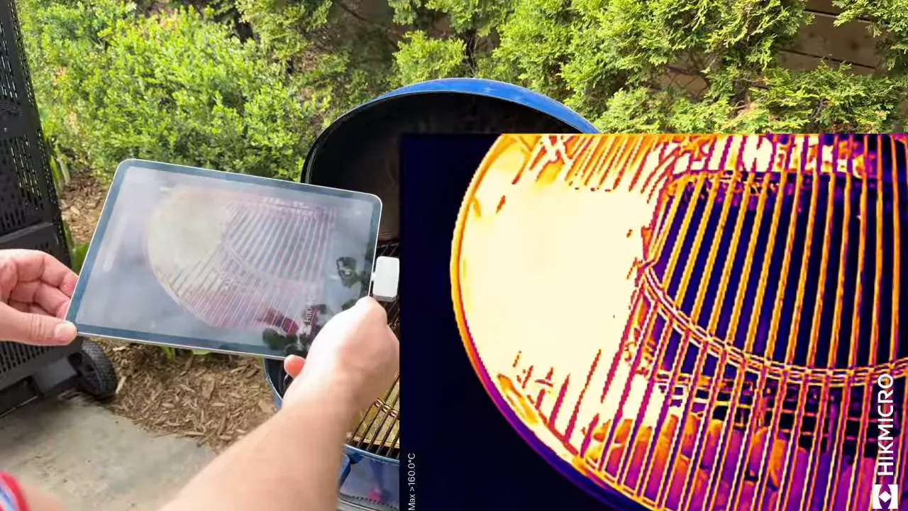 Thermal image overlay showing a bright hot area along one side of the Weber Kettle grate