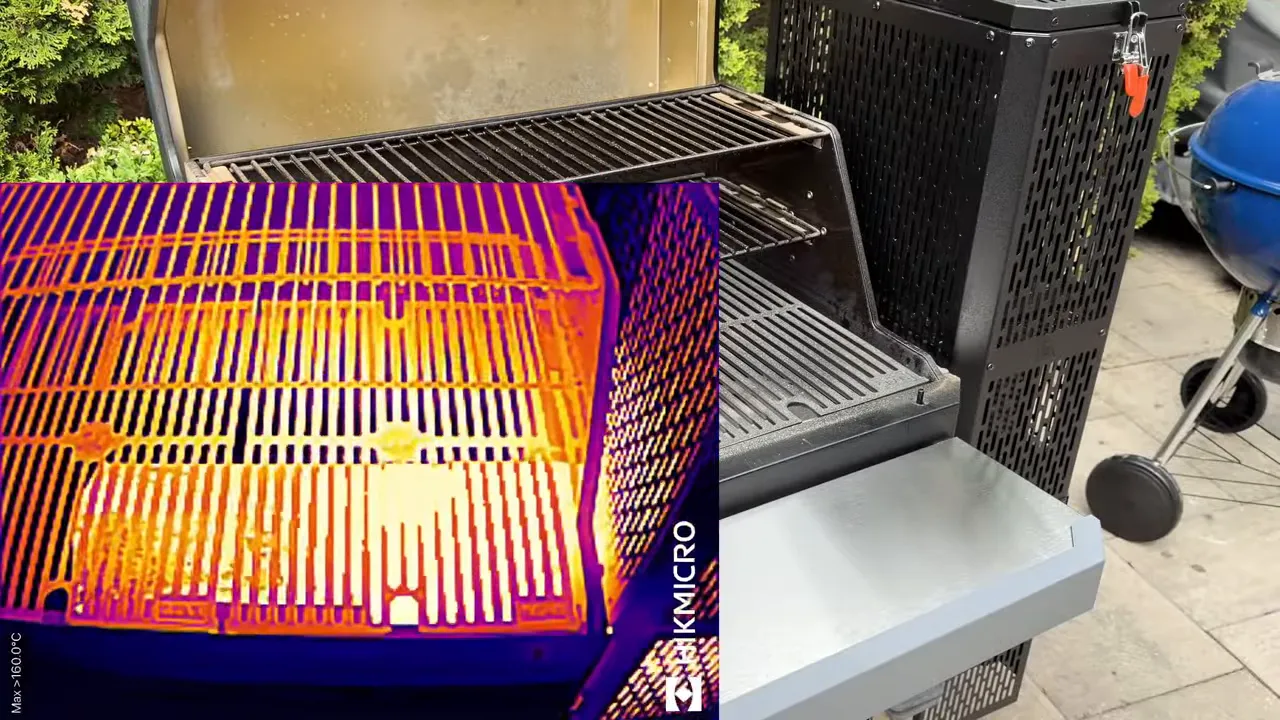 Open Masterbuilt cooking chamber with a thermal image overlay of the cooking grates