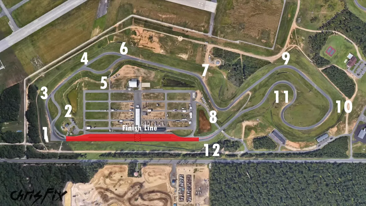 Aerial map of Thunderbolt Raceway with numbered turns and the main straight highlighted
