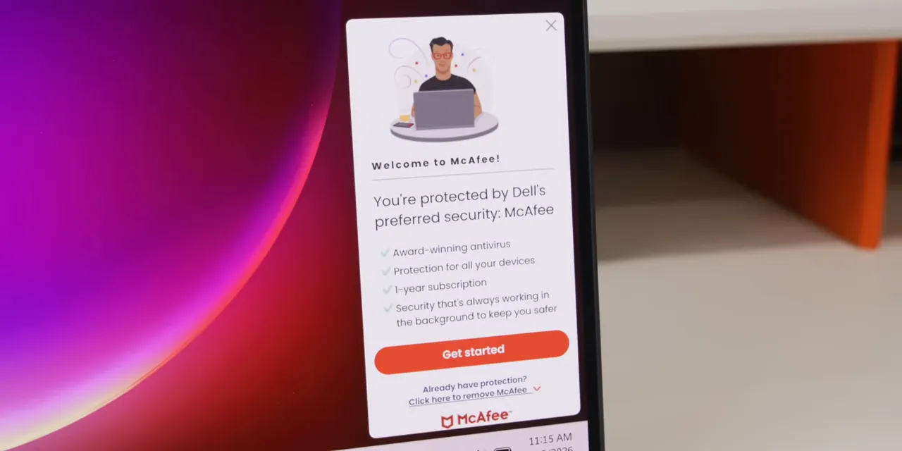 McAfee security promotion appearing along the right edge of a Dell laptop display