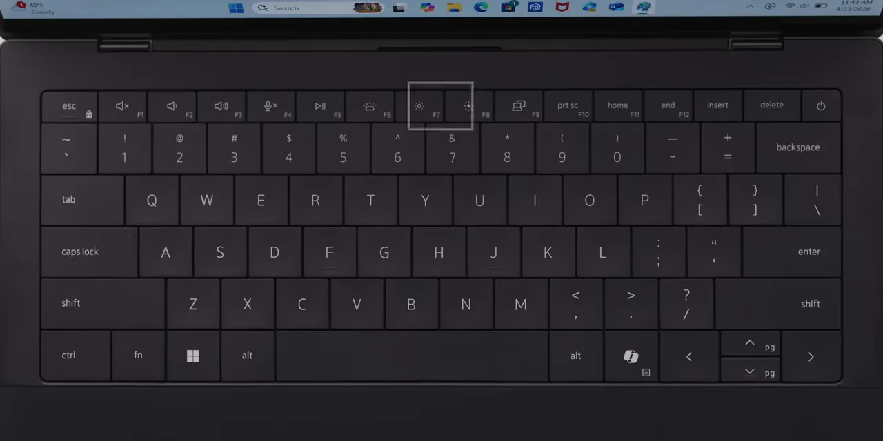 Overhead view of the Dell XPS keyboard with its top function row outlined