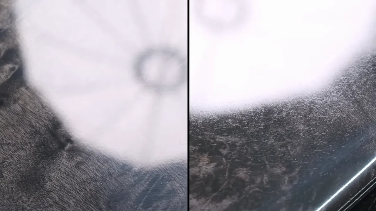 Side-by-side close-up of reflected light on scratched and clearer epoxy surfaces