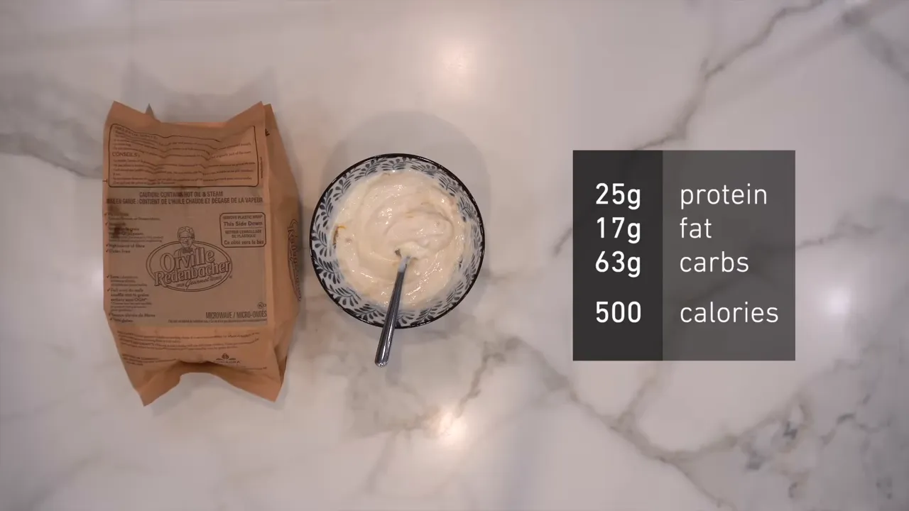 Overhead Greek yogurt bowl and popcorn bag with protein, fat, carbohydrate, and calorie totals