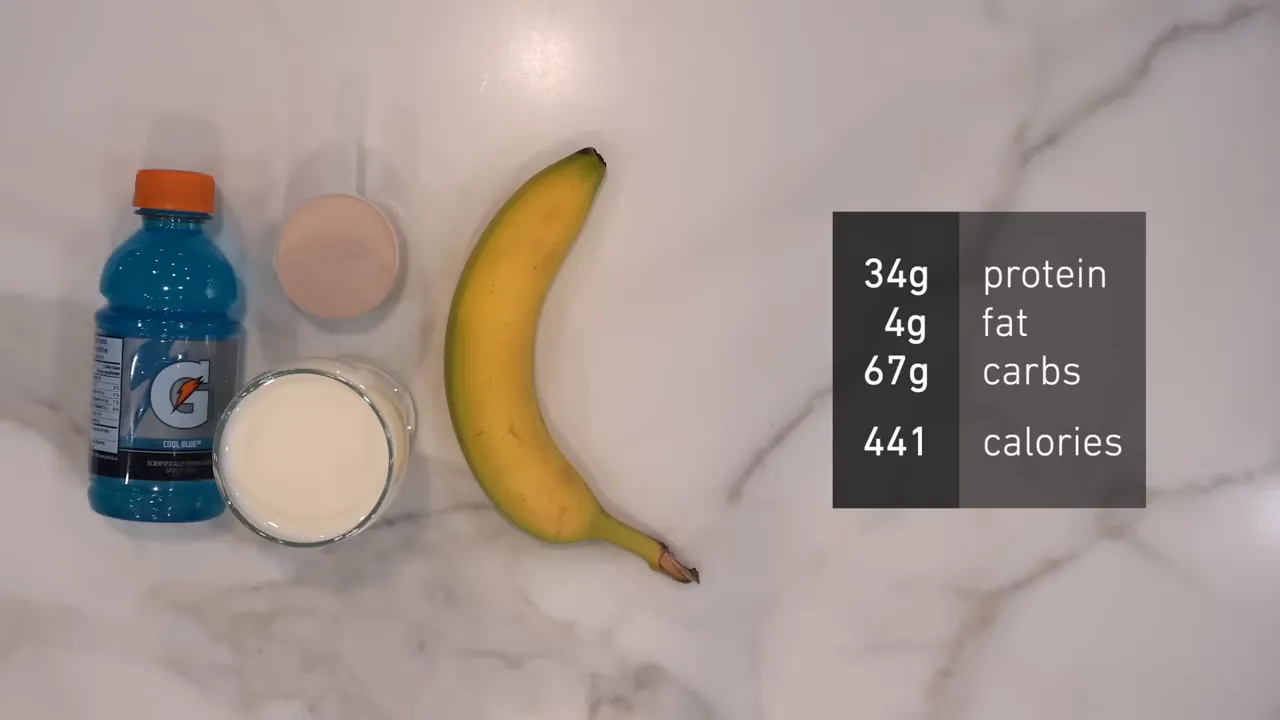 Overhead arrangement of a sports drink, protein powder, milk, banana, and nutrition totals
