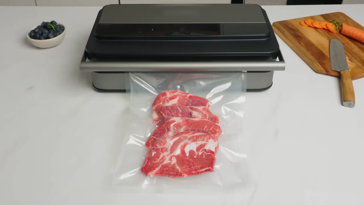 A countertop vacuum sealer with steaks in a clear bag extending from the machine