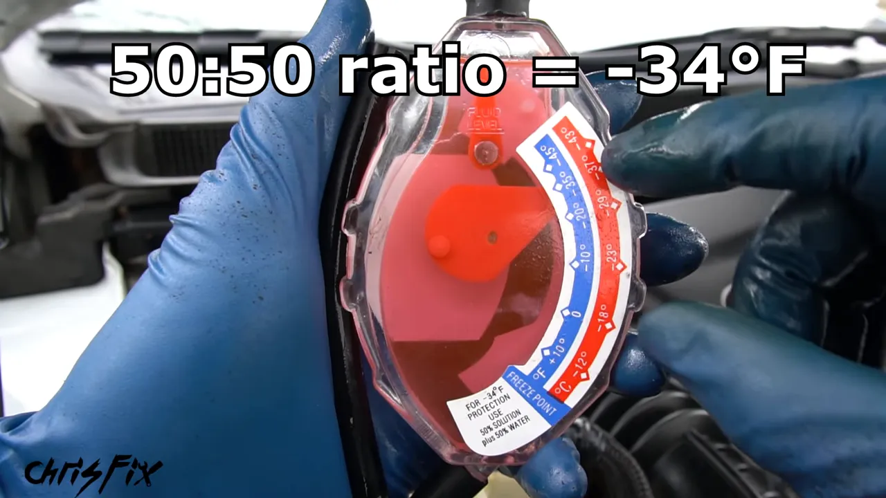 Antifreeze hydrometer containing red coolant with an on-screen label showing a 50:50 ratio equals negative 34°F