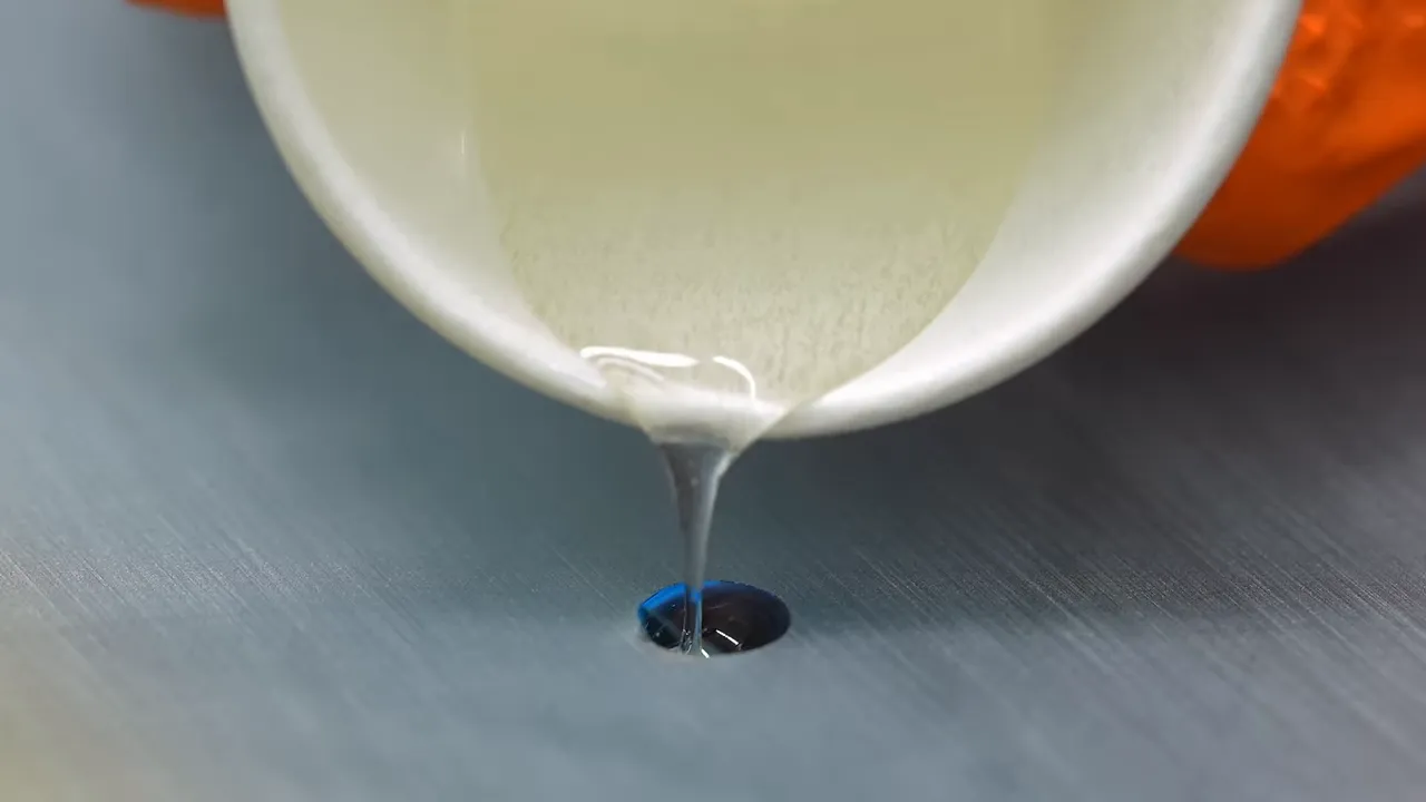 Clear resin being poured from a small cup into an opened void in the epoxy surface